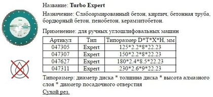 Диск отрезной алмазный Для сухой резки 1A1R 115х2,2х8х22,23  Turbo
Expert с непрерывной реж. кромкой